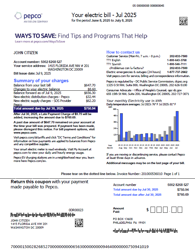 USA Pepco utility bill template in Word and PDF formats, version 3